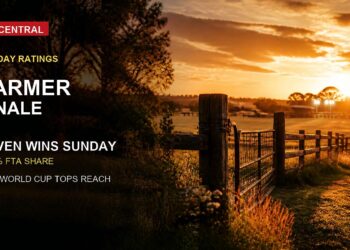 Rural farm sunset image for Sunday TV ratings with TV Central red label and Farmer finale text.