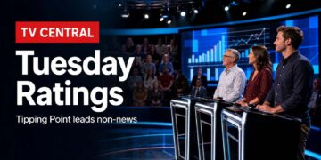 Realistic TV studio image for Tuesday TV ratings with TV Central label and Tipping Point non-news ratings text.