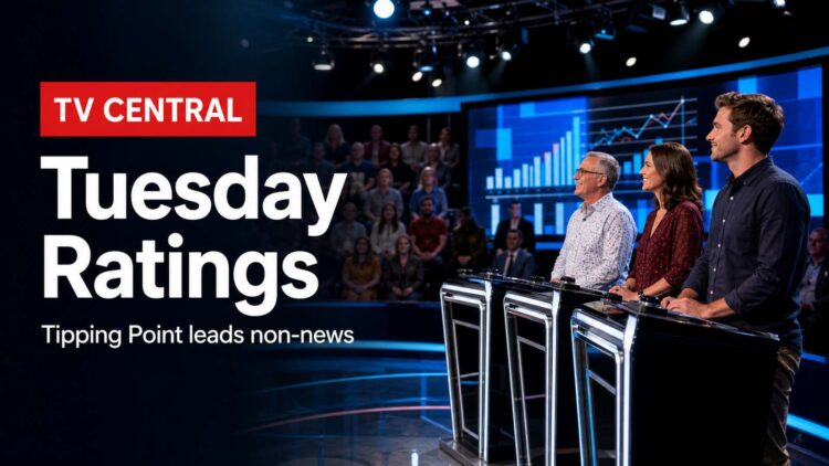 Realistic TV studio image for Tuesday TV ratings with TV Central label and Tipping Point non-news ratings text.