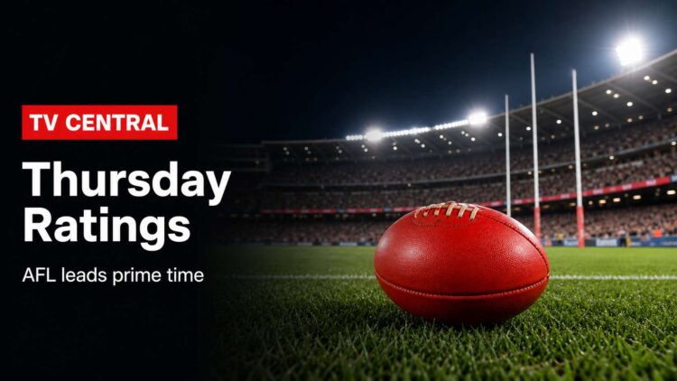 Realistic Australian football stadium image for Thursday TV ratings with TV Central label and AFL prime-time ratings text.