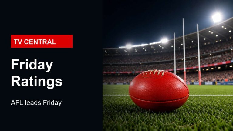 Realistic Australian football stadium image for Friday TV ratings with TV Central label and AFL ratings text.