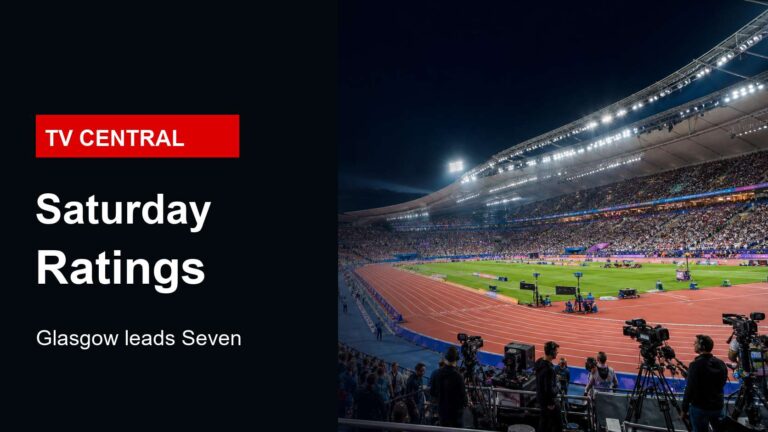 Realistic stadium broadcast image for Saturday TV ratings with TV Central label and Glasgow ratings text.