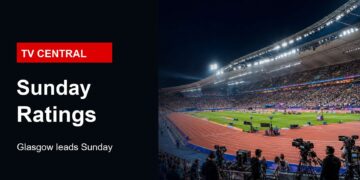 Realistic stadium broadcast image for Sunday TV ratings with TV Central label and Glasgow ratings text.