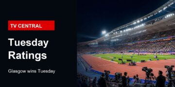 Realistic stadium broadcast image for Tuesday TV ratings with TV Central label and Glasgow ratings text.