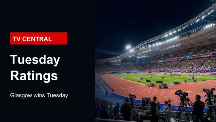 Realistic stadium broadcast image for Tuesday TV ratings with TV Central label and Glasgow ratings text.
