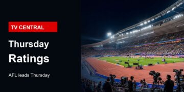 Realistic stadium broadcast image for Thursday TV ratings with TV Central label and AFL ratings text.