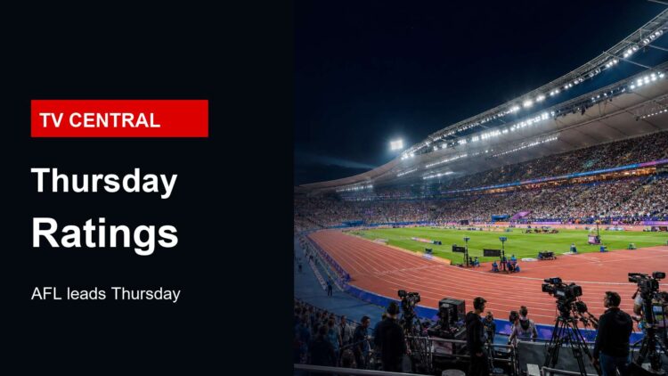 Realistic stadium broadcast image for Thursday TV ratings with TV Central label and AFL ratings text.