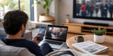 A person using digital devices and a newspaper to follow news across multiple platforms