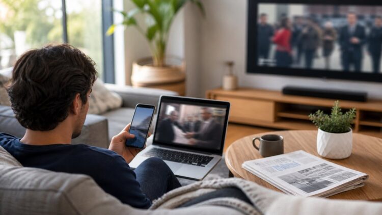 A person using digital devices and a newspaper to follow news across multiple platforms