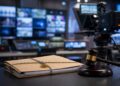 A newsroom control room with a camera, legal gavel and confidential file on a desk.