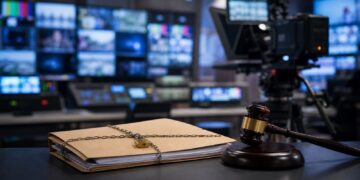 A newsroom control room with a camera, legal gavel and confidential file on a desk.