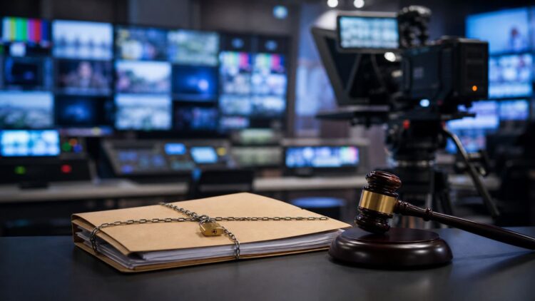 A newsroom control room with a camera, legal gavel and confidential file on a desk.