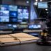A newsroom control room with a camera, legal gavel and confidential file on a desk.