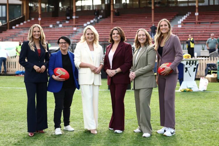 Jess Webster, Chyloe Kurdas, Lauren Wood, Kelli Underwood, Lauren Arnell and Taylor Smith at an AFL ground