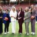 Jess Webster, Chyloe Kurdas, Lauren Wood, Kelli Underwood, Lauren Arnell and Taylor Smith at an AFL ground