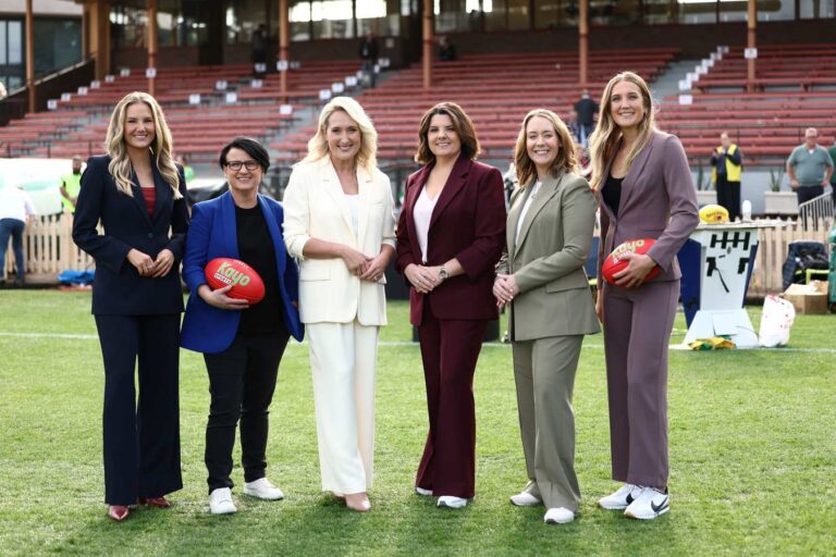 Jess Webster, Chyloe Kurdas, Lauren Wood, Kelli Underwood, Lauren Arnell and Taylor Smith at an AFL ground