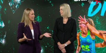 Cath Cox during Seven's Glasgow 2026 Commonwealth Games netball coverage.