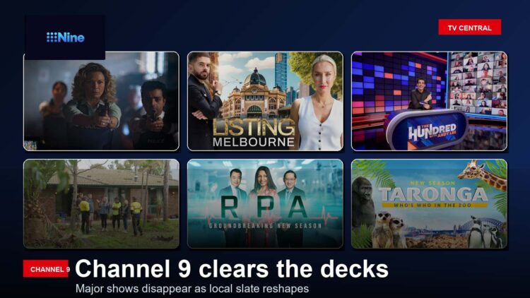 Channel 9 clears the decks with show images for Human Error Listing Melbourne The Hundred Budget Battlers RPA and Taronga