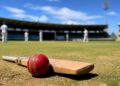 Cricket ball and bat on an Australian ground