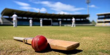 Cricket ball and bat on an Australian ground