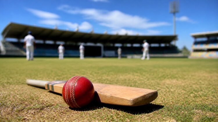 Cricket ball and bat on an Australian ground