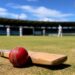 Cricket ball and bat on an Australian ground