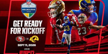 NFL Melbourne Game graphic for San Francisco 49ers versus Los Angeles Rams live on ESPN.
