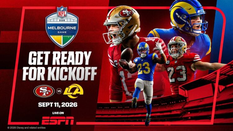 NFL Melbourne Game graphic for San Francisco 49ers versus Los Angeles Rams live on ESPN.