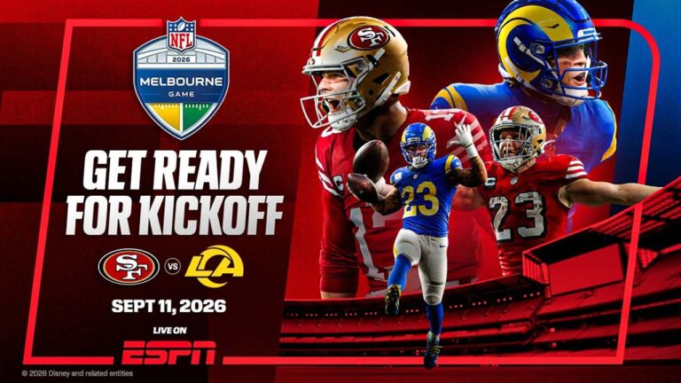 NFL Melbourne Game graphic for San Francisco 49ers versus Los Angeles Rams live on ESPN.