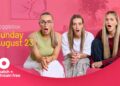 Mia, Bree and Lainey reacting on the couch in the Gogglebox Australia Sunday promotion