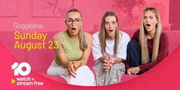Mia, Bree and Lainey reacting on the couch in the Gogglebox Australia Sunday promotion