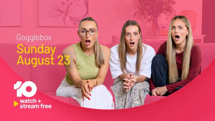 Mia, Bree and Lainey reacting on the couch in the Gogglebox Australia Sunday promotion