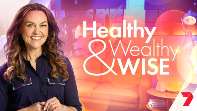 Chrissie Swan with the Healthy, Wealthy & Wise logo for the Channel 7 lifestyle series