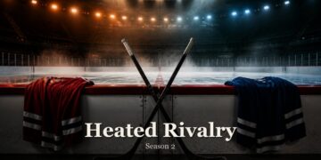 Two hockey sticks crossed on an empty ice rink for a Heated Rivalry season 2 story
