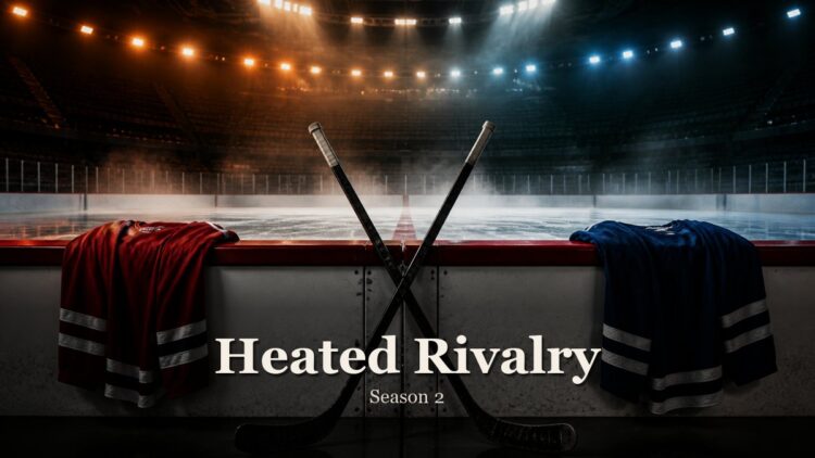 Two hockey sticks crossed on an empty ice rink for a Heated Rivalry season 2 story