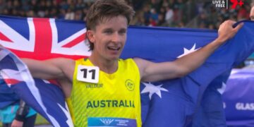 Isaac Beecroft competing in the men's 10,000m race walk at the Glasgow 2026 Commonwealth Games.