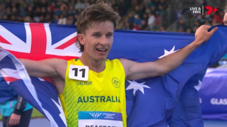 Isaac Beecroft competing in the men's 10,000m race walk at the Glasgow 2026 Commonwealth Games.