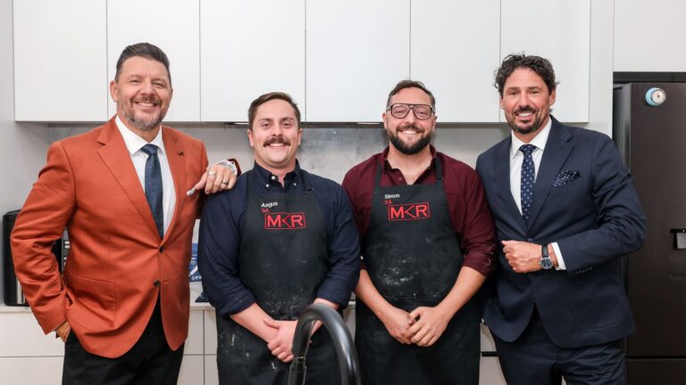 Manu Feildel, Angus, Simon and Colin Fassnidge on My Kitchen Rules on Channel 7 and 7plus.