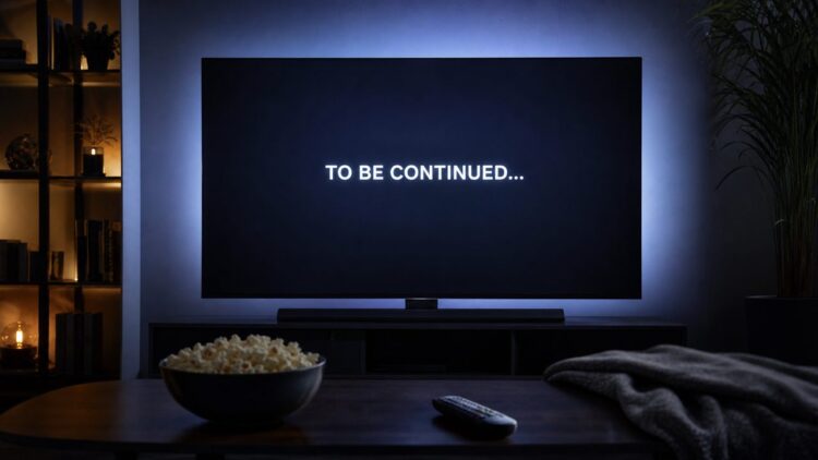 A television screen displays To Be Continued in a dark lounge room for a feature on the best TV cliffhangers.