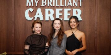 Kate Mulvany, Philippa Northeast and Miah Madden at the My Brilliant Career Netflix and Substack luncheon in Sydney.
