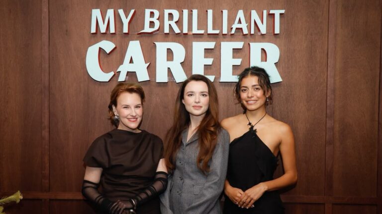 Kate Mulvany, Philippa Northeast and Miah Madden at the My Brilliant Career Netflix and Substack luncheon in Sydney.