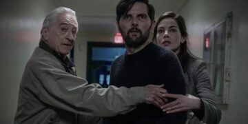 Robert De Niro, Adam Scott and Michelle Monaghan in The Whisper Man on Netflix.
