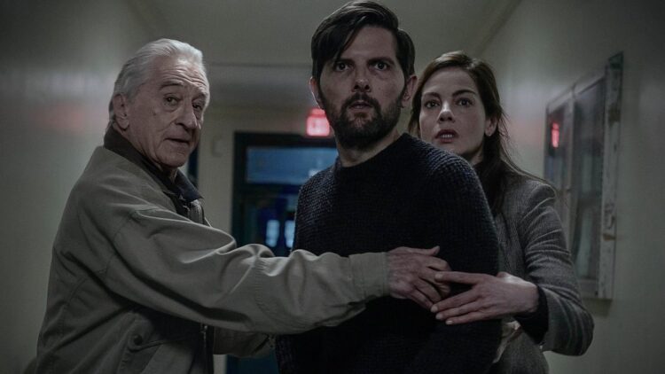Robert De Niro, Adam Scott and Michelle Monaghan in The Whisper Man on Netflix.