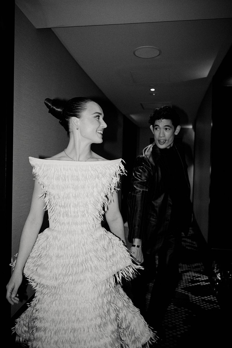 Philippa Northeast and Christopher Chung in a black and white pre Logies portrait
