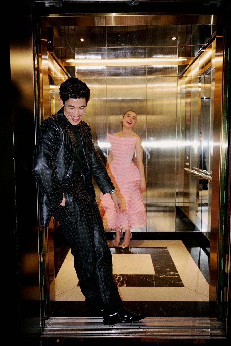 Christopher Chung and Philippa Northeast in an elevator before the Logies