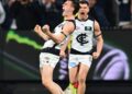 AFL players celebrate during a Carlton match ahead of finals coverage on Channel 7 and 7plus Sport