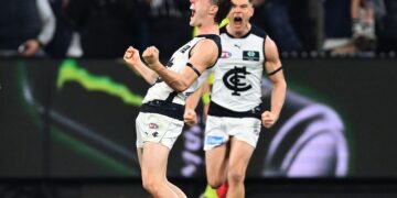 AFL players celebrate during a Carlton match ahead of finals coverage on Channel 7 and 7plus Sport