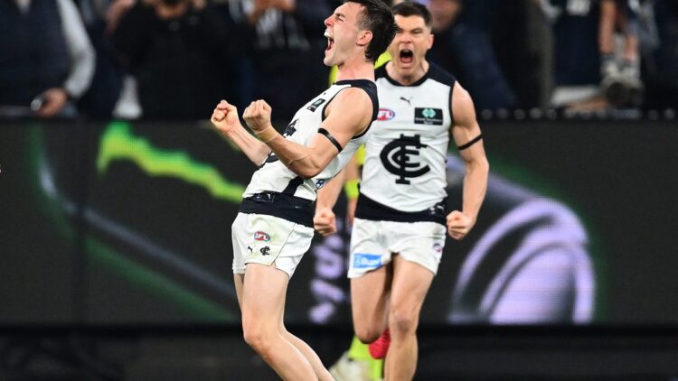 AFL players celebrate during a Carlton match ahead of finals coverage on Channel 7 and 7plus Sport