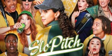 The cast of Slo Pitch in a publicity image for the HBO Max comedy series.