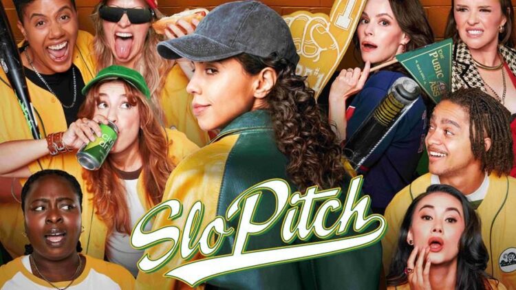 The cast of Slo Pitch in a publicity image for the HBO Max comedy series.